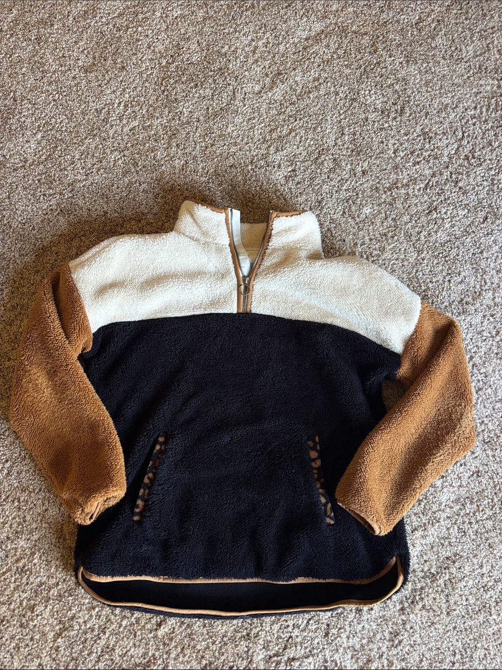 Time and Tru Cream and Camel Sherpa Quarter-Zip Pullover